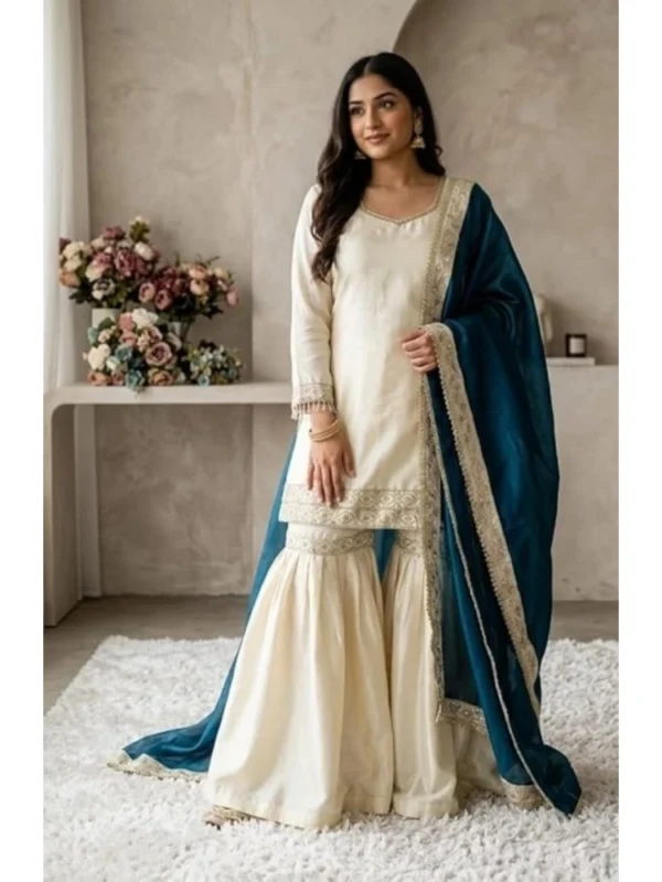 Women's Silk Embroidered 3/4th Sleeve V-Neck Kurti With Sharara Pant and Dupatta Set (Cream & Teal)