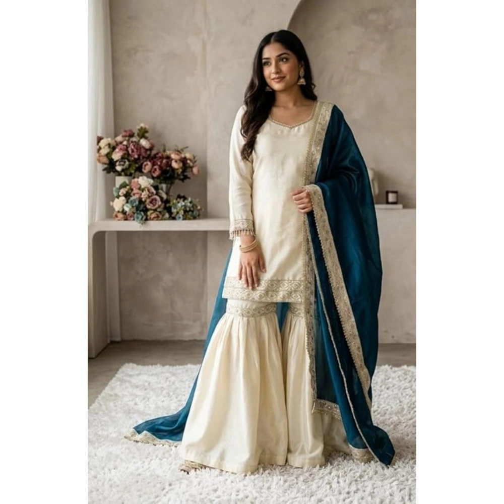 PID-66486-Women-s-Silk-Embroidered-3-4th-Sleeve-Round-Kurti-With-Palazzo-and-Dupatta-Set-Cream-1-1000x1000-1.webp Women's Silk Embroidered 3/4th Sleeve V-Neck Kurti With Sharara Pant and Dupatta Set (Cream & Teal) - Image 1