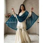 Women's Silk Embroidered 3/4th Sleeve V-Neck Kurti With Sharara Pant and Dupatta Set (Cream & Teal) - Image 6