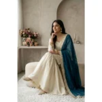 Women's Silk Embroidered 3/4th Sleeve V-Neck Kurti With Sharara Pant and Dupatta Set (Cream & Teal) - Image 3