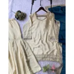 Women's Silk Embroidered 3/4th Sleeve V-Neck Kurti With Sharara Pant and Dupatta Set (Cream & Teal) - Image 4