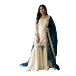 Women's Silk Embroidered 3/4th Sleeve V-Neck Kurti With Sharara Pant and Dupatta Set (Cream & Teal) - Image 5