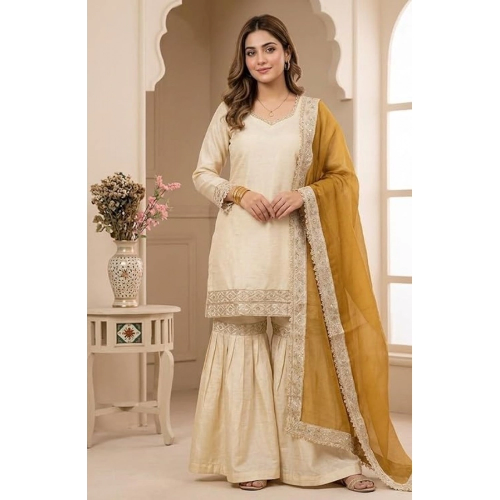 PID-66487-Women-s-Silk-Embroidered-3-4th-Sleeve-Round-Kurti-With-Palazzo-and-Dupatta-Set-Cream-1-1000x1000-1.webp Women's Silk Embroidered 3/4th Sleeve V-Neck Kurti With Sharara Pant and Dupatta Set (Cream & Yellow) - Image 1
