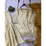 Women's Silk Embroidered 3/4th Sleeve V-Neck Kurti With Sharara Pant and Dupatta Set (Cream & Yellow) - Image 4