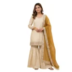 Women's Silk Embroidered 3/4th Sleeve V-Neck Kurti With Sharara Pant and Dupatta Set (Cream & Yellow) - Image 5