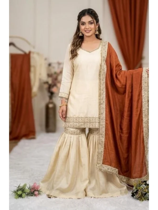 Women's Silk Embroidered 3/4th Sleeve V-Neck Kurti With Sharara Pant and Dupatta Set (Cream & Orange)