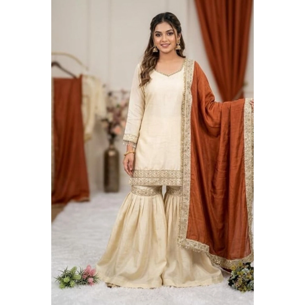 PID-66488-Women-s-Silk-Embroidered-3-4th-Sleeve-Round-Kurti-With-Palazzo-and-Dupatta-Set-Cream-1-1000x1000-1.webp Women's Silk Embroidered 3/4th Sleeve V-Neck Kurti With Sharara Pant and Dupatta Set (Cream & Orange) - Image 1