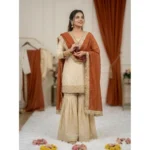Women's Silk Embroidered 3/4th Sleeve V-Neck Kurti With Sharara Pant and Dupatta Set (Cream & Orange) - Image 3