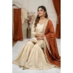 Women's Silk Embroidered 3/4th Sleeve V-Neck Kurti With Sharara Pant and Dupatta Set (Cream & Orange) - Image 4