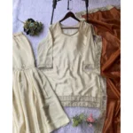 Women's Silk Embroidered 3/4th Sleeve V-Neck Kurti With Sharara Pant and Dupatta Set (Cream & Orange) - Image 5