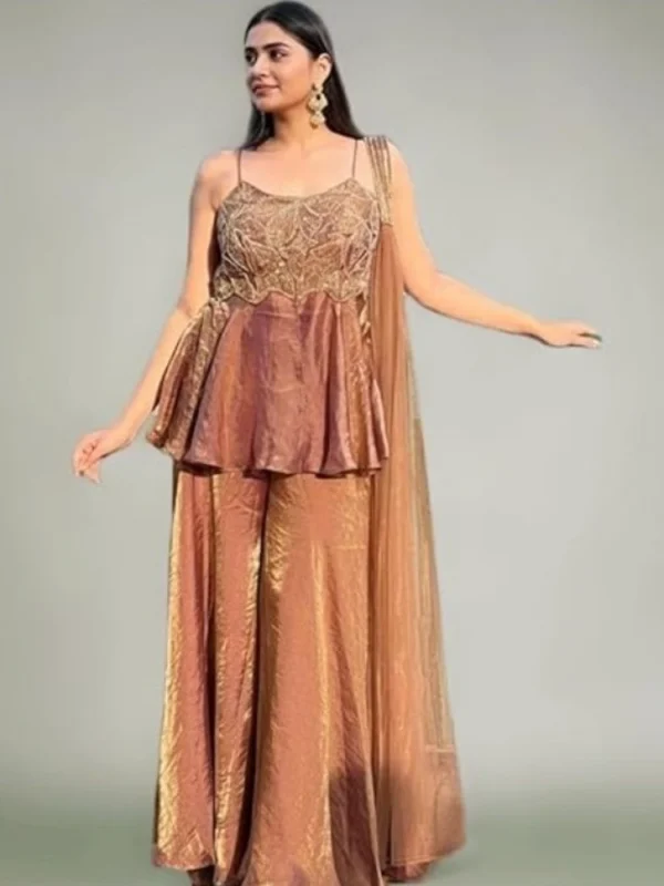 Women's Silk Embroidered Sleeveless Round Kurti With Palazzo Pant and Dupatta Set (Brown)