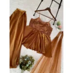 Women's Silk Embroidered Sleeveless Round Kurti With Palazzo Pant and Dupatta Set (Brown) - Image 4