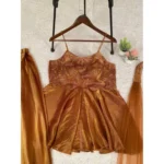 Women's Silk Embroidered Sleeveless Round Kurti With Palazzo Pant and Dupatta Set (Brown) - Image 3