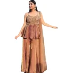 Women's Silk Embroidered Sleeveless Round Kurti With Palazzo Pant and Dupatta Set (Brown) - Image 6