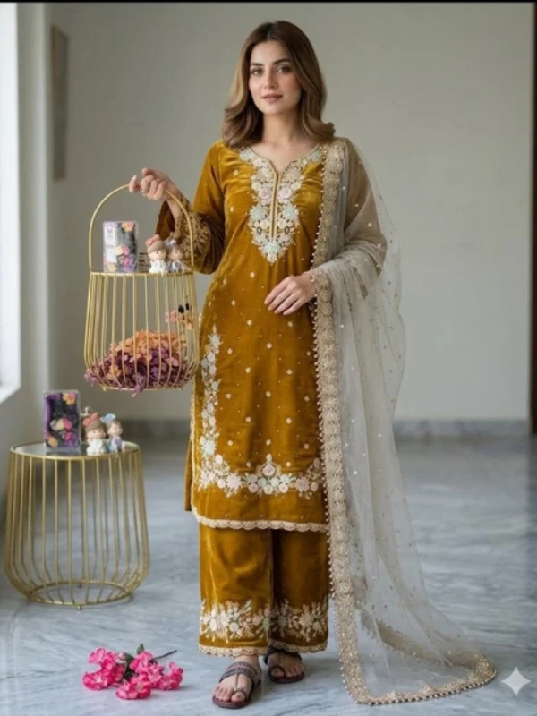 Women's Silk Embroidered 3/4th Sleeve Round Kurti With Palazzo Pant and Dupatta Set (Gold)