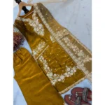 Women's Silk Embroidered 3/4th Sleeve Round Kurti With Palazzo Pant and Dupatta Set (Gold) - Image 6