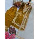 Women's Silk Embroidered 3/4th Sleeve Round Kurti With Palazzo Pant and Dupatta Set (Gold) - Image 3