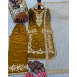 Women's Silk Embroidered 3/4th Sleeve Round Kurti With Palazzo Pant and Dupatta Set (Gold) - Image 4