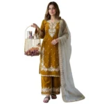 Women's Silk Embroidered 3/4th Sleeve Round Kurti With Palazzo Pant and Dupatta Set (Gold) - Image 5