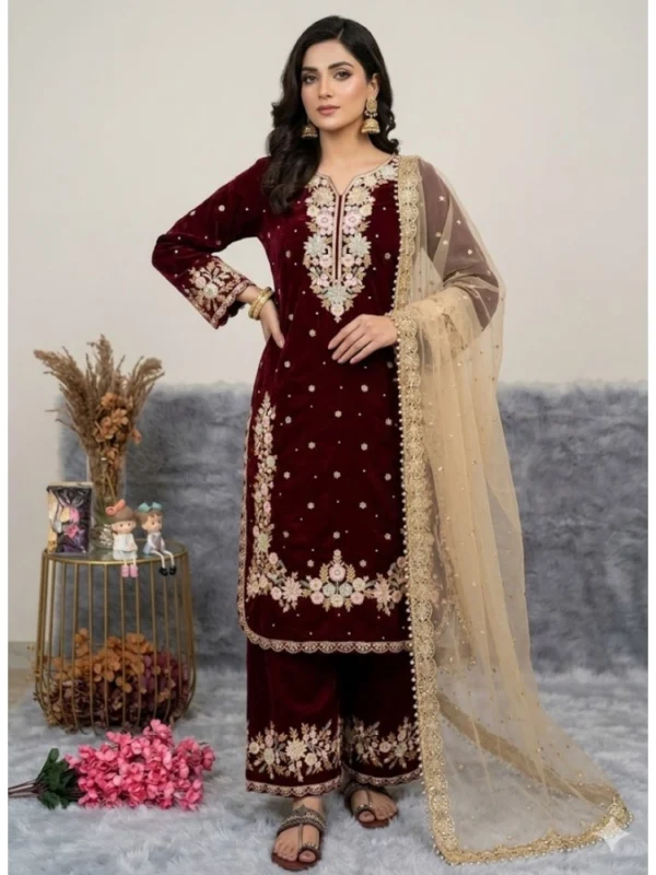 Women's Silk Embroidered 3/4th Sleeve Round Kurti With Palazzo Pant and Dupatta Set (Maroon)