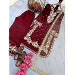Women's Silk Embroidered 3/4th Sleeve Round Kurti With Palazzo Pant and Dupatta Set (Maroon) - Image 3