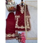 Women's Silk Embroidered 3/4th Sleeve Round Kurti With Palazzo Pant and Dupatta Set (Maroon) - Image 4