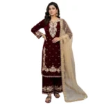 Women's Silk Embroidered 3/4th Sleeve Round Kurti With Palazzo Pant and Dupatta Set (Maroon) - Image 2