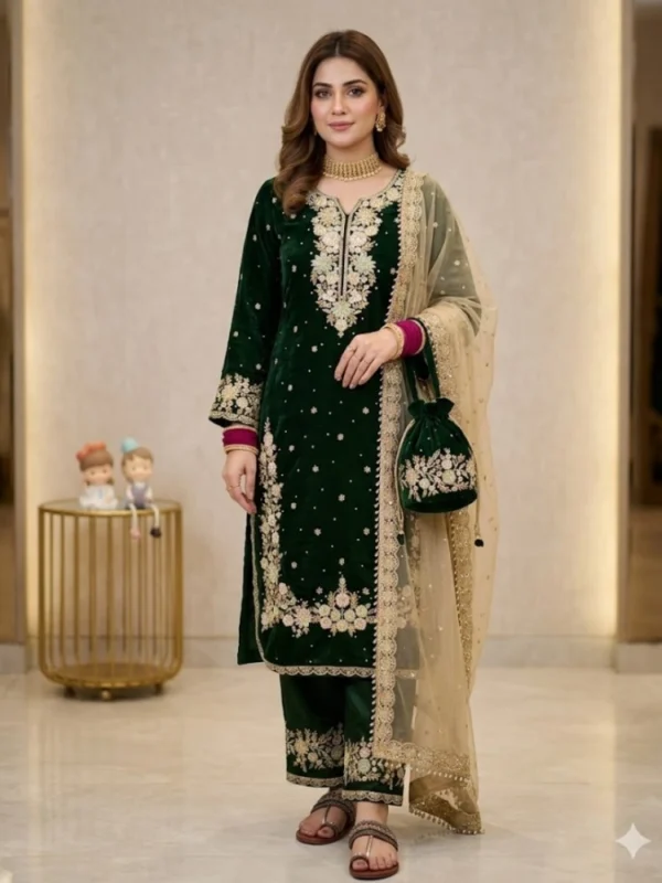 Women's Silk Embroidered 3/4th Sleeve Round Kurti With Palazzo Pant and Dupatta Set (Dark Green)