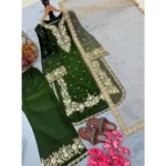 Women's Silk Embroidered 3/4th Sleeve Round Kurti With Palazzo Pant and Dupatta Set (Dark Green) - Image 3