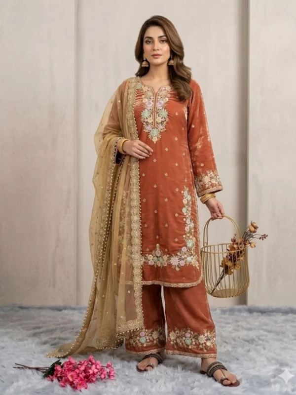 Women's Silk Embroidered 3/4th Sleeve Round Kurti With Palazzo Pant and Dupatta Set (Orange)