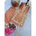 Women's Silk Embroidered 3/4th Sleeve Round Kurti With Palazzo Pant and Dupatta Set (Orange) - Image 3