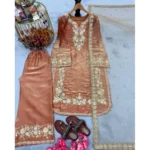 Women's Silk Embroidered 3/4th Sleeve Round Kurti With Palazzo Pant and Dupatta Set (Orange) - Image 4