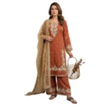 Women's Silk Embroidered 3/4th Sleeve Round Kurti With Palazzo Pant and Dupatta Set (Orange) - Image 5