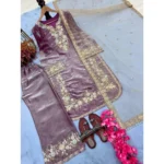 Women's Silk Embroidered 3/4th Sleeve Round Kurti With Palazzo Pant and Dupatta Set (Lavender) - Image 3