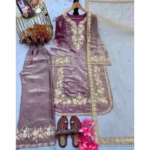 Women's Silk Embroidered 3/4th Sleeve Round Kurti With Palazzo Pant and Dupatta Set (Lavender) - Image 4