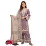 Women's Silk Embroidered 3/4th Sleeve Round Kurti With Palazzo Pant and Dupatta Set (Lavender) - Image 5