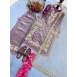 Women's Silk Embroidered 3/4th Sleeve Round Kurti With Palazzo Pant and Dupatta Set (Lavender) - Image 6