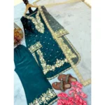 Women's Silk Embroidered 3/4th Sleeve Round Kurti With Palazzo Pant and Dupatta Set (Teal) - Image 3