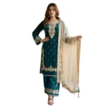 Women's Silk Embroidered 3/4th Sleeve Round Kurti With Palazzo Pant and Dupatta Set (Teal) - Image 5