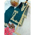 Women's Silk Embroidered 3/4th Sleeve Round Kurti With Palazzo Pant and Dupatta Set (Teal) - Image 6