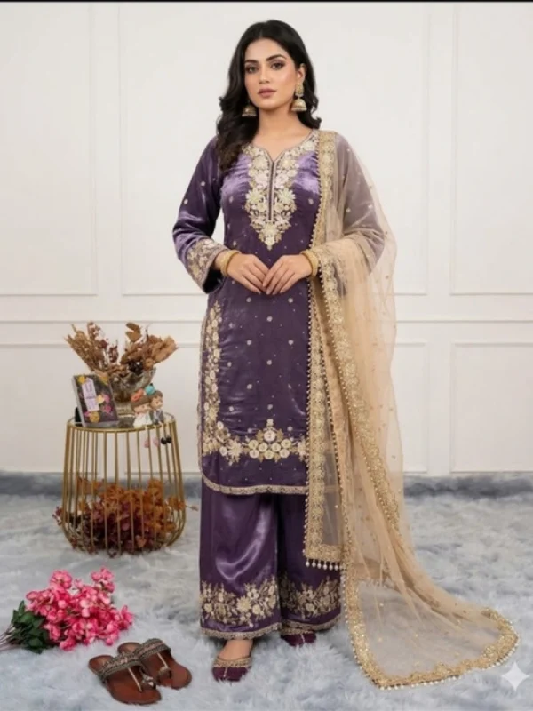 Women's Silk Embroidered 3/4th Sleeve Round Kurti With Palazzo Pant and Dupatta Set (Purple)