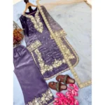 Women's Silk Embroidered 3/4th Sleeve Round Kurti With Palazzo Pant and Dupatta Set (Purple) - Image 3