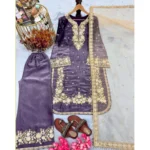 Women's Silk Embroidered 3/4th Sleeve Round Kurti With Palazzo Pant and Dupatta Set (Purple) - Image 4