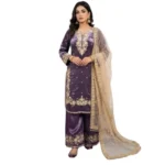 Women's Silk Embroidered 3/4th Sleeve Round Kurti With Palazzo Pant and Dupatta Set (Purple) - Image 5