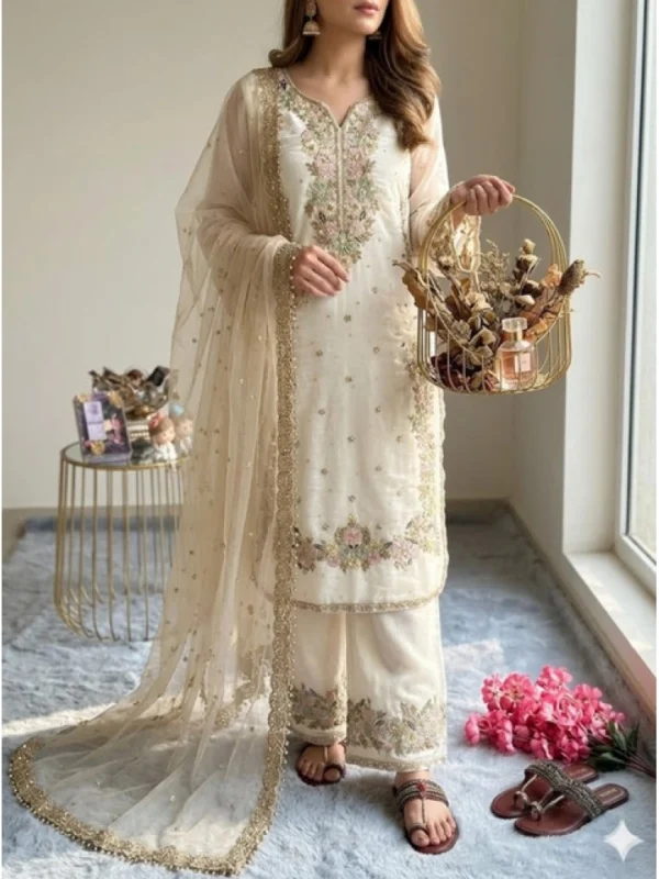 Women's Silk Embroidered 3/4th Sleeve Round Kurti With Palazzo Pant and Dupatta Set (White)