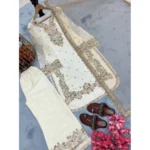 Women's Silk Embroidered 3/4th Sleeve Round Kurti With Palazzo Pant and Dupatta Set (White) - Image 3