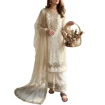 Women's Silk Embroidered 3/4th Sleeve Round Kurti With Palazzo Pant and Dupatta Set (White) - Image 5