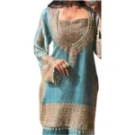 Women's Silk Embroidered 3/4th Sleeve Round Kurti With Sharara Pant and Dupatta Set (Sea Green) - Image 3