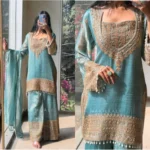 Women's Silk Embroidered 3/4th Sleeve Round Kurti With Sharara Pant and Dupatta Set (Sea Green) - Image 4