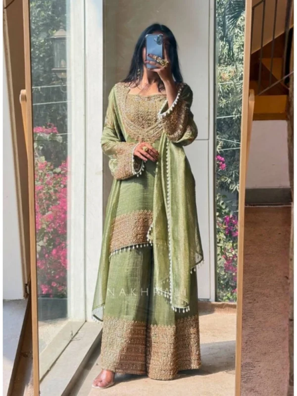 Women's Silk Embroidered 3/4th Sleeve Round Kurti With Sharara Pant and Dupatta Set (Green)
